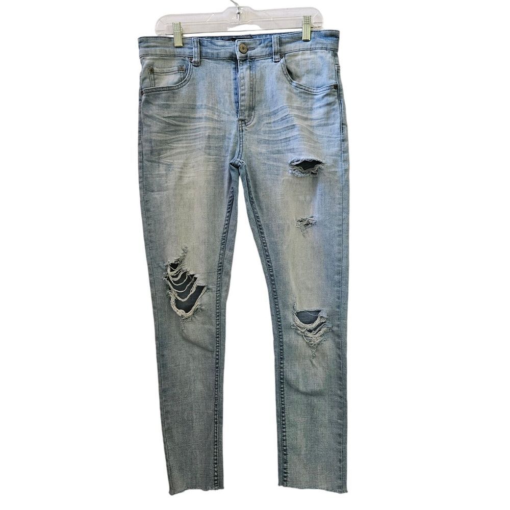 Serenede Jeans Mens Size 34 Skinny‎ Ripped Denim Medium Wash Distressed Raw Hem